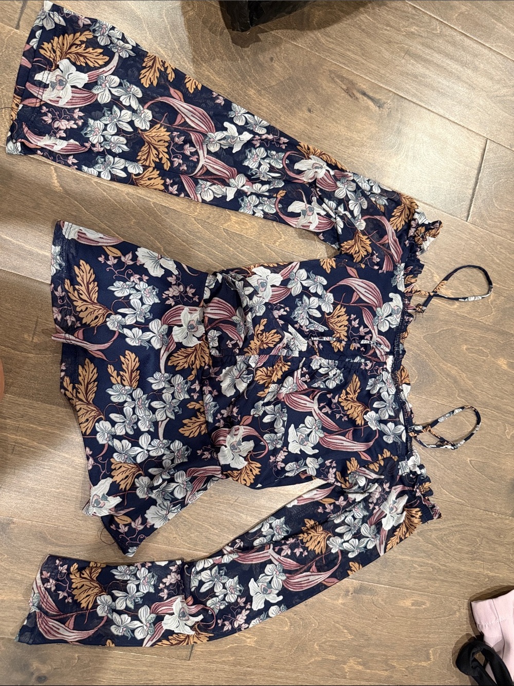 Floral Off-Shoulder Blouse in Navy with Rust and White Print